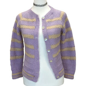 Vintage Handmade purple cream striped button front sweater cardigan Petite XS